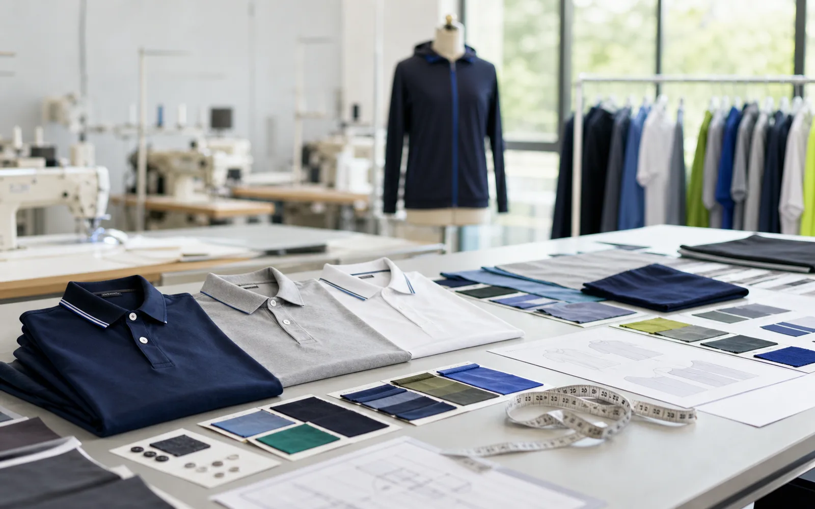 Clean apparel manufacturing table with fabric swatches, polo shirt samples and production documents